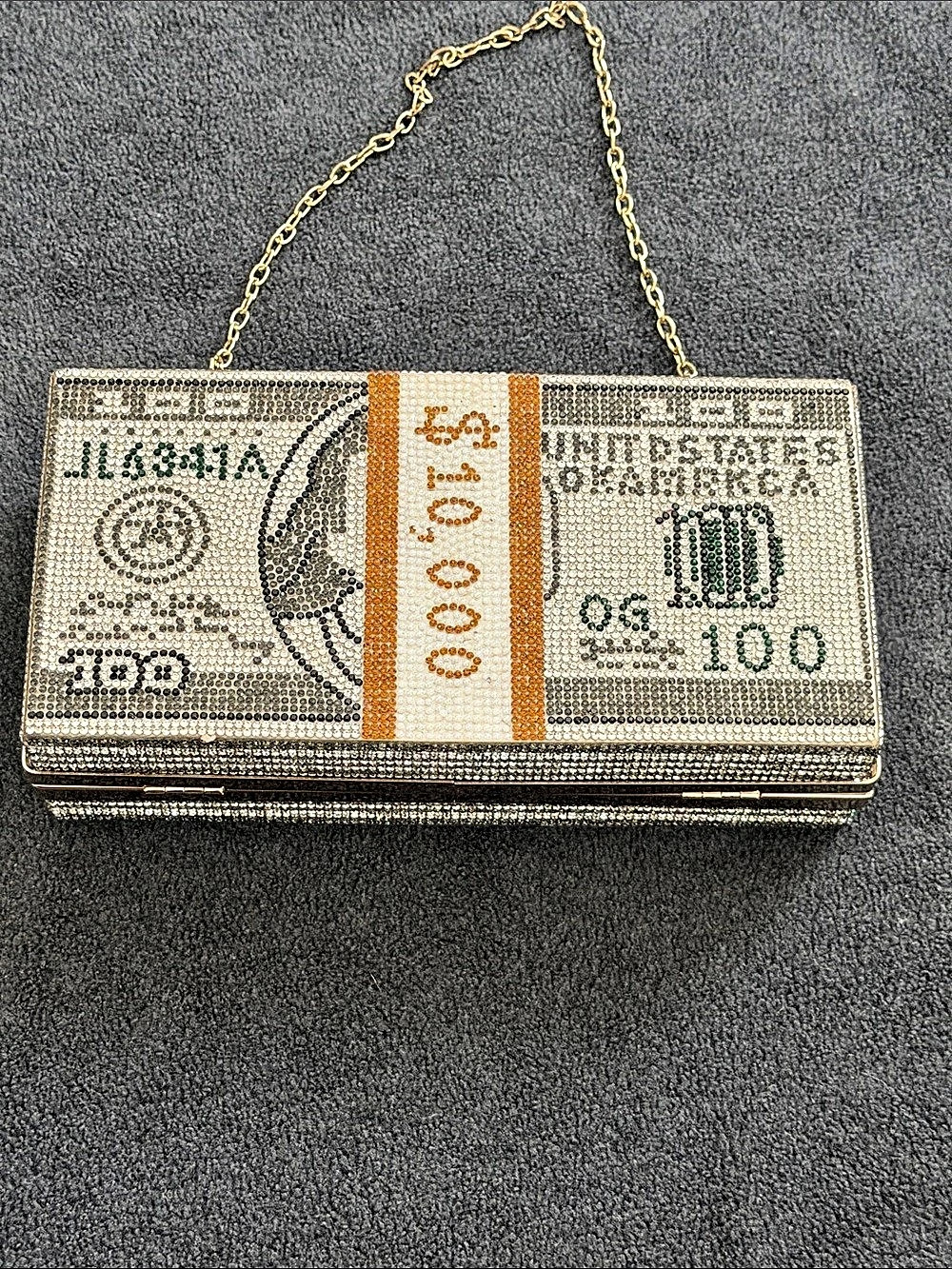 Rhinestone Money Print Clutch in Gold & Silver good